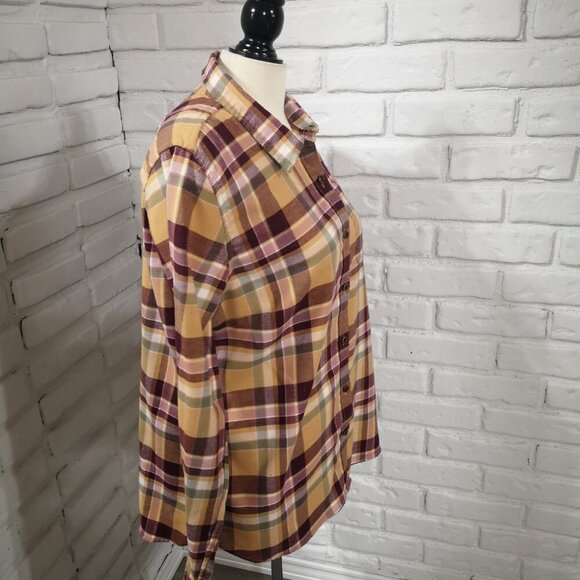 L.L. Bean Ladies Size Large Burgundy Tan Grey & White Plaid Button Front Shirt - Picture 4 of 10